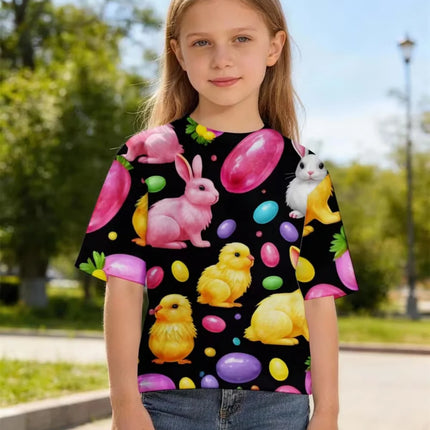 Children's Bunny Easter T-Shirt Fashion Short Sleeve Round Neck Regular Top Holiday Cute Rabbits Eggs Print Summer Girls Clothes