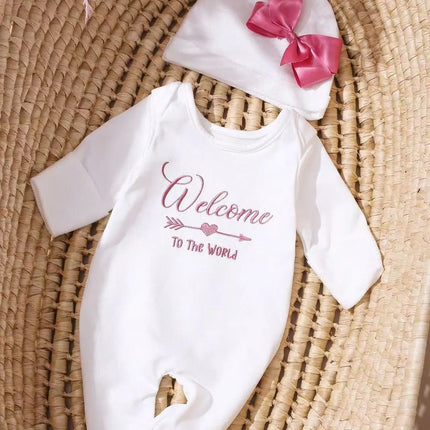 Ylsteed 2Pcs Newborn Photography Long Tleeves Romper Jumpsuit With Bow Hat Embroidery Baby Clothes Photography Props-HD