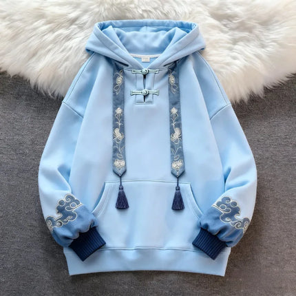 New Chinese Style Hooded Embroidered Fleece Women's Sweatshirt Slimming Loose Fit Comfortable Long Sleeve Polyester Casual St...