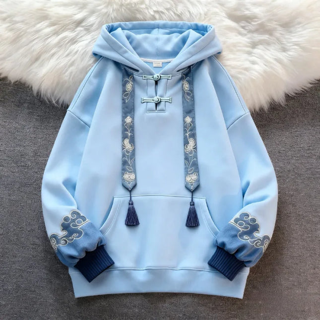 New Chinese Style Hooded Embroidered Fleece Women's Sweatshirt Slimming Loose Fit Comfortable Long Sleeve Polyester Casual St...