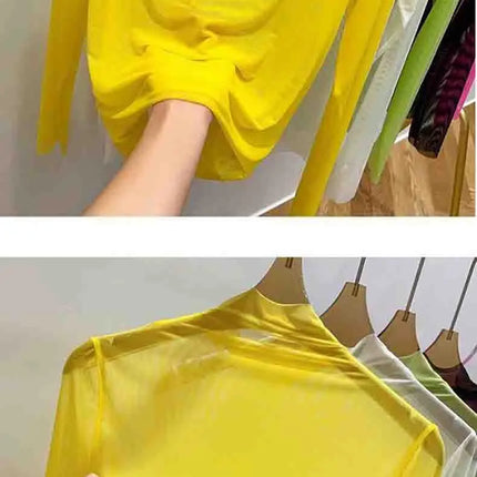 Transparent Gauze Base Layer T-shirt Women's Summer Long-Sleeved T-shirt with Gauze Half High Collar Sunscreen 2024