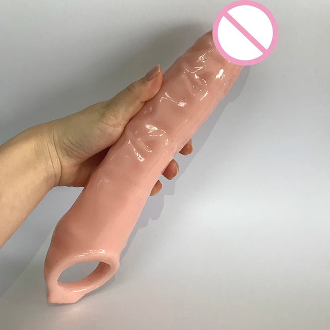 Man Nuo 28CM Huge Penis Enlargemen Extender Condoms Realistic Penis Extension Sleeve Reusable Condom Cock Ring Sex Toys For Men