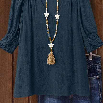 Plus Size Bohemian Style Vacation Short-Sleeved Linen Blend Shirt Top for Women