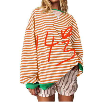Casual Embroidered Striped Splicing Long Sleeve Crew Neck Pullover Hoodie Women's Clothing Comfortable Breathable Streetwear