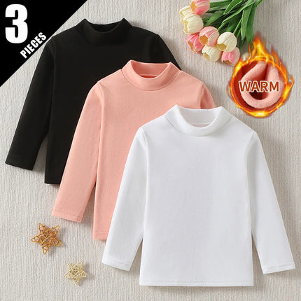 1/2/3piece Autumn And Winter Thick Children's Solid Color Base Shirt Boys And Girls Brushed Warm Mid Neck Top Fashionable Hoodie