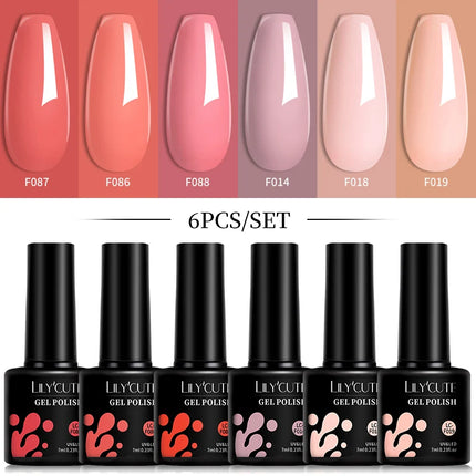 LILYCUTE 6Pcs/Set 7ML Gel DIY Nail Polish Bright Pink Semi Permanent Soak Off UV LED Gel Varnish Nail Art Design Manicure Kit