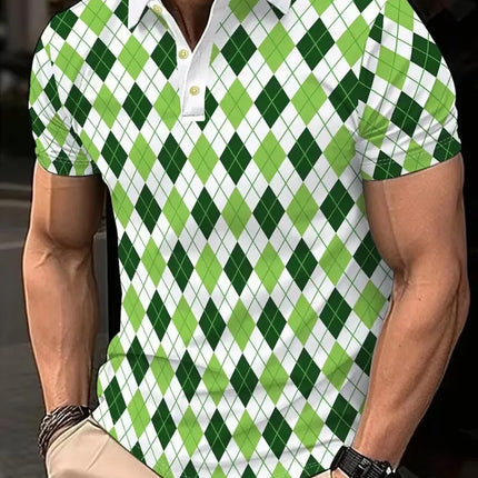 Men's Summer Short Sleeve Polo Shirts, Classic Striped Print Sporty Top, Fashionable Lapel Button-Up Men's Polo Shirts