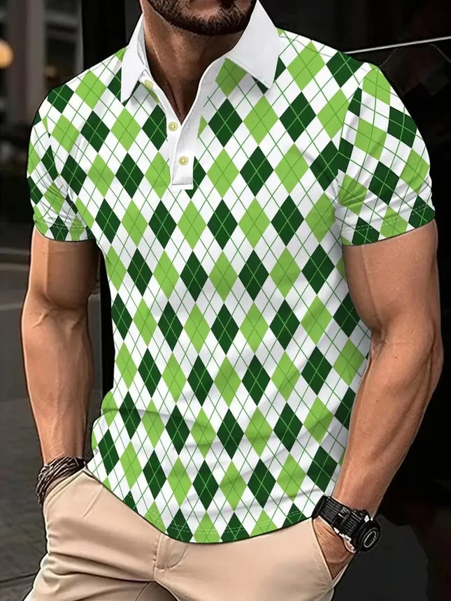 Men's Summer Short Sleeve Polo Shirts, Classic Striped Print Sporty Top, Fashionable Lapel Button-Up Men's Polo Shirts