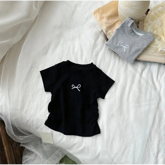 Korean Summer Bowknot Casual Short Sleeve T-shirts for Kids 0-12 Years Cotton Toddler Girl Tops Baby Girls Tees Students Clothes