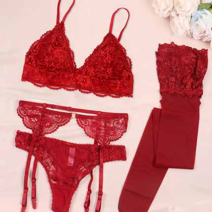 Varsbaby Lace Bra Sets for Women Non-padded Bra Panty Garter Stockings Summer Underwear Lingerie Sexy