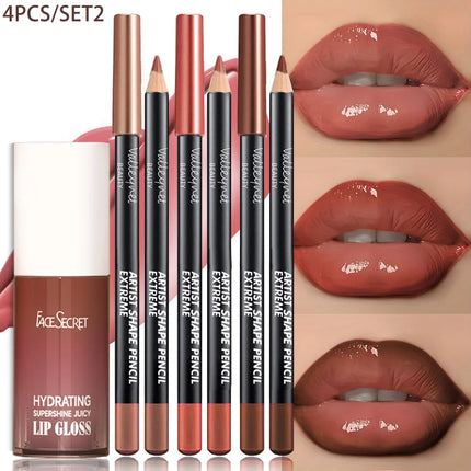 4PCS/SET Moisturizing Lip Gloss Lip Oil Lip Liner Set - Long lasting Waterproof Lip Liner 3D Lips for A Dewy Finish Lip Combo