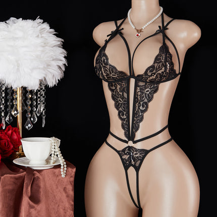Hot Selling Women's Perspective Printed Pattern Lace Sexy Slim Fit Beautiful Black Unobstructed Suspender Jumpsuit Clothing