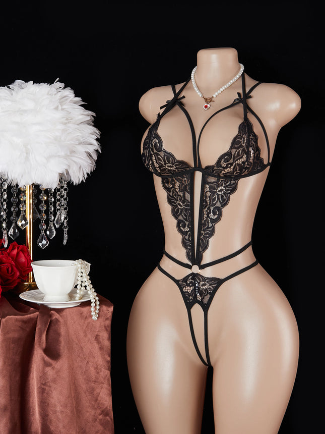Hot Selling Women's Perspective Printed Pattern Lace Sexy Slim Fit Beautiful Black Unobstructed Suspender Jumpsuit Clothing