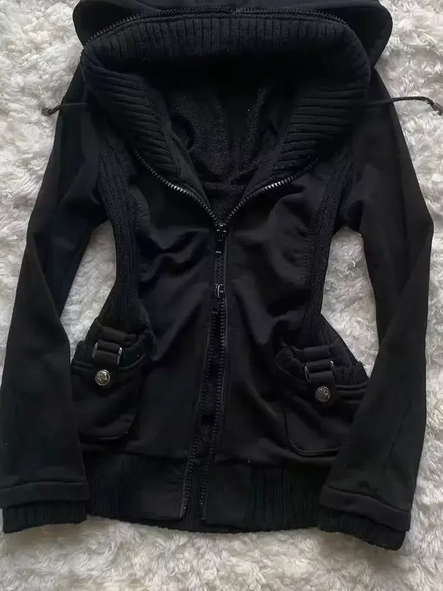 Black Gothic Hoodie Women Solid Color Slim Vintage Top Retro 90s Pattern Sweatshirt Hoodie Versatile Fashion Casual Cardigan