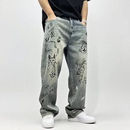 Korean Retro Ripped Jeans Embroidered Slim Fit Men'S Straight Leg Pants Graffiti Jeans Fashion Casual Pants