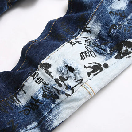 Men Letters Printed Denim Jeans Holes Ripped Patchwork Spliced Pants Button Fly Slim Tapered Stretch Trousers