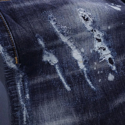 Fashionable Men's Deep Blue Jeans with Scratches, Washed Water, Nostalgic Stretch, Slim Fit, Painted Jeans, Designer High Street