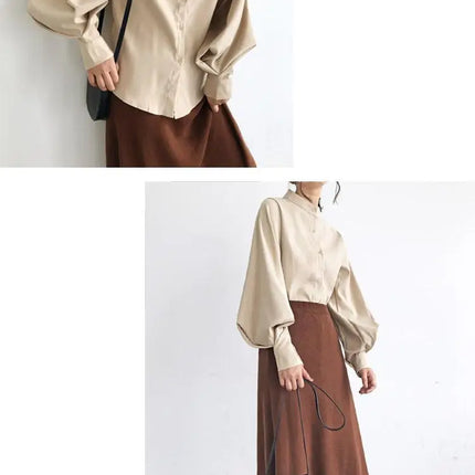 Spring Fashion Women Solid Stand Collar Casual Elegant Fashion Women's Top Clothing Blouse Shirt Lantern Long Sleeve Women's Shirts