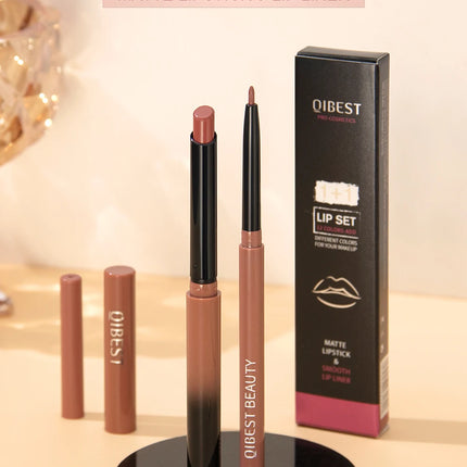 QIBEST 2pcs Lipstick Lipliner Pen Set Matte Nude Lip Liner Pencil Waterproof Long Lasting Lipstick Pen Contour Makeup For Women