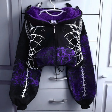 Y2K Grunge Purple Black Lightning Crackle Print Fleece Lined Cropped Zip Up Hoodie Women Hot Girl Oversized Drawstring Sherpa