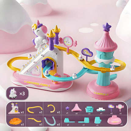 ABS Electric Unicorn Track Toy, 3 Mini Unicorns, Auto Stair Climbing, LED Music Castle Slide Girls Gift