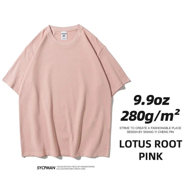 9.9oz 280gsm High Qualtity Oversized Heavy T-shirt for Men Short Sleeve Tee Cotton Solid Color Trend Leisure Green White Black