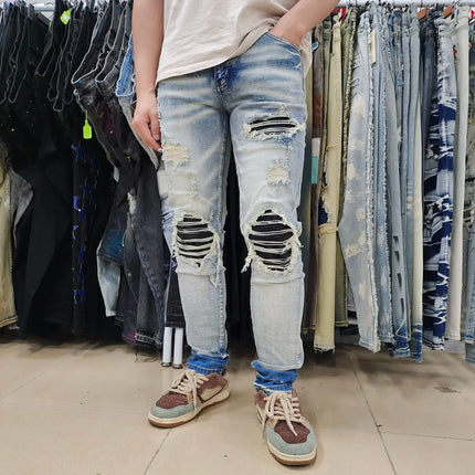 Men Leather Pleated Patches Biker Jeans Streetwear Skinny Tapered High Stretch Denim Pants Holes Ripped Distressed Trousers