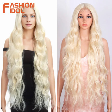 FASHION IDOL 36inch/90cm Body Wavy Lace Wigs Synthetic High Temperature Fiber Ombre Blonde Natural Hair Lace Front Wigs Cosplay