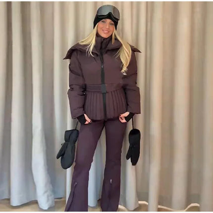 Women Peplum Ski Jackets Hooded Stand Collar Belt Waist Zipper Solid Puffer Jacket Fashion Sheath Warm Sport Winter 2025 Skiwear