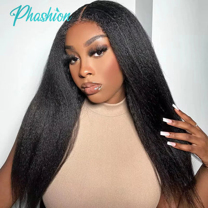 Phashion Real HD 2x6 Kim K 26 28 Inch Kinky Straight Deep Parting Yaki Lace Closure 100% Human Hair Transparent Lace Remy Hair