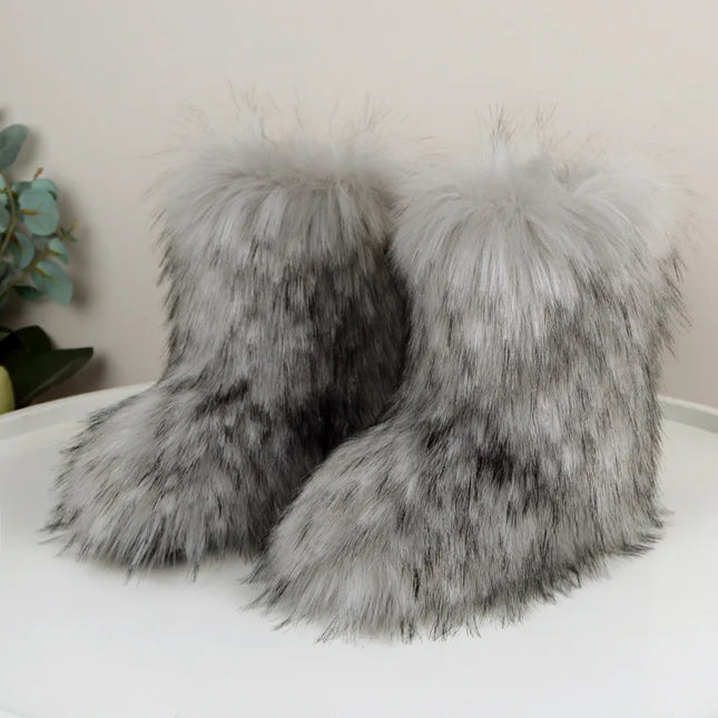 Women Faux Fur Boots Winter Fluffy Plush Warm Mid Calf Snow Boots Luxury Fashion Furry Boots Comfortable Outdoor Flat Shoes