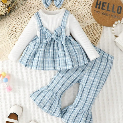 0-2 Fashionable Baby Girl Cute Romantic White Pit Strip Splicing Blue Checkered Long Sleeve Top with Blue Belly Pants and Hairba