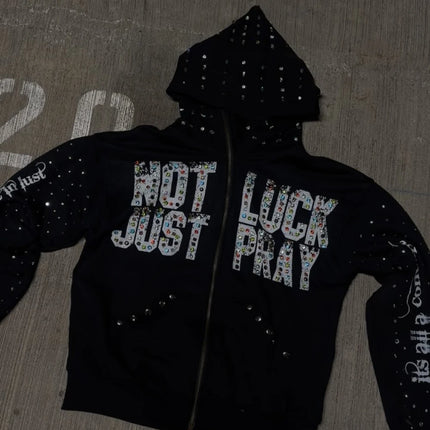 2025 Letter Versatile Hot Stamping Hoodie Cardigan Hooded Jacket New Style with Diamond Stickers Trendy Personalized Street Hood
