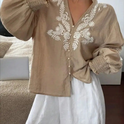 2025 Plus-Size Summer Blouse – Lightweight, Loose-Fitting, Boho-Chic Shirt with Notched Collar, Lace Panels, and Embroidered Flo
