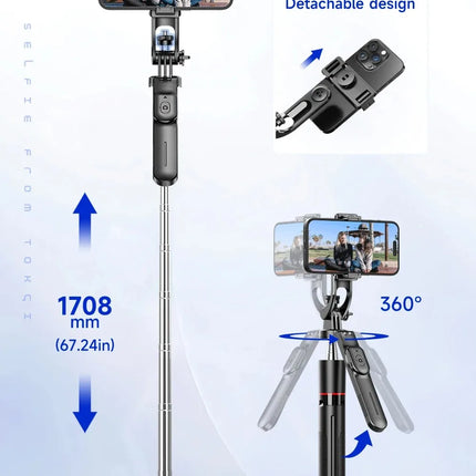 67in F16 Bluetooth Selfie Stick Tripod - Wireless Extendable Phone Holder with 1/4" Screw for Smartphone/Camera/Vlog