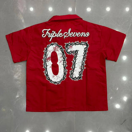 Red Triple Sevens Side Slit Button Placket Shorts Pockets 7S Logo Jorts Men Women Casual Drawstring Waterproof Loose Shortpants