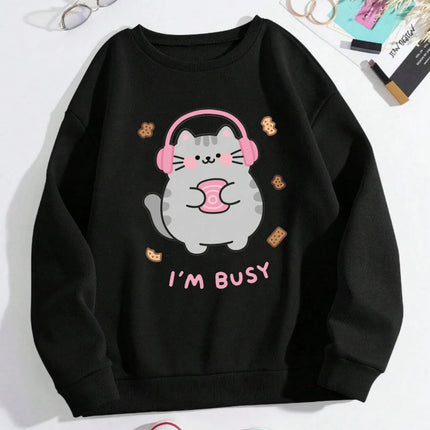 I'M Busy Cute Cat Prints Hoodies Womens Comfortable Sweatshirts 2025 Autumn and Winter Hoodie Warm Casual Women Clothes
