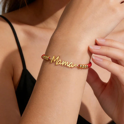Skyrim Stainless Steel Gold Color Mama Letter Beads Charm Bracelet Red Rope Bracelets Women Waterproof Jewelry Mother's Day Gift