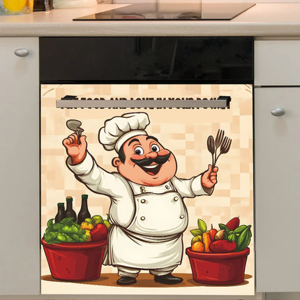 1pcs Laughing Chef Delicious Ingredients Poster Cabinet Dining Room Background Landscaping Wall Sticker Kitchen Decoration
