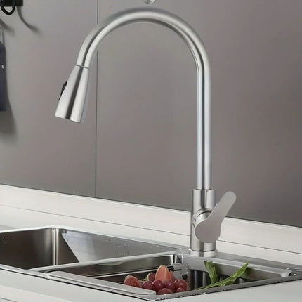 Stainless steel pull-down kitchen faucet, single-hole installation, ceramic valve core, G1/2 Asian standard inlet.