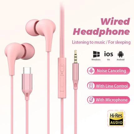 USB Type C Wired Headphone 3.5mm Stereo Music In-Ear Earphones With Wire Control Mic Sleeping Earplugs For Samsung iPhone Xiaomi
