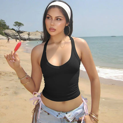 Hugcitar 2025 Summer Ribbed Halter Backless Solid Sexy Crop Tank Top Casual Y2K Women Clothes Beach Vacation Streetwear Yoga