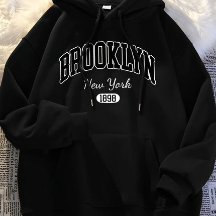 Brooklyn Hoodie Casual Wear Fashionable Letter Cartoon Print Women'S Casual Long Sleeve Pullover with Kangaroo Pockets  Trendy