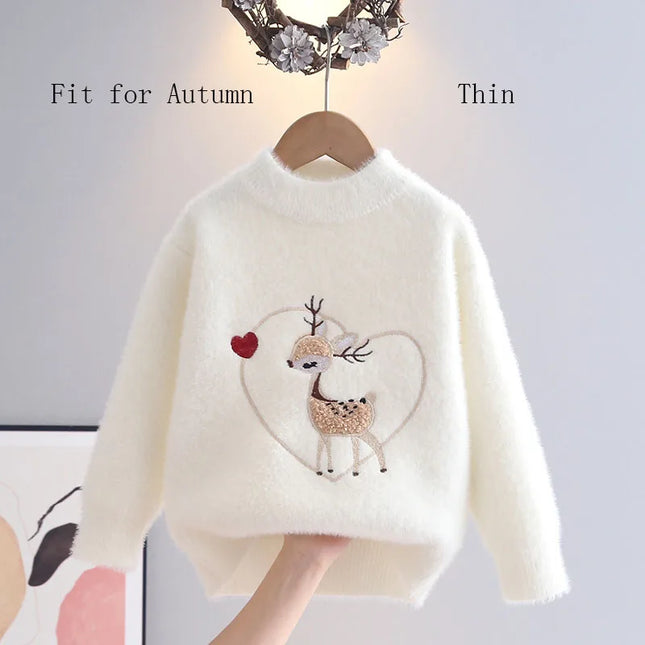 Fashion Embroidered Cute Deer Kids Sweater Girls Knit Pullover Princess Soft Cozy O-Neck Heart-shape Autumn Winter Tops HY12161