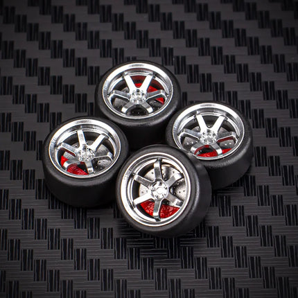 1 Set 10.8mm 1/64 Model Car Wheels for HW Ball Bearing Tires with Brake Disc Caliper Axles Rims for 1:64 Toy Models Tomica JDM