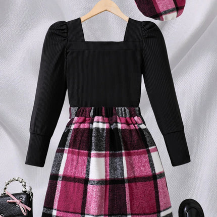 Autumn children's three-piece set for girls square collar black bubble long sleeve top plaid irregular skirt beret fashion sexy