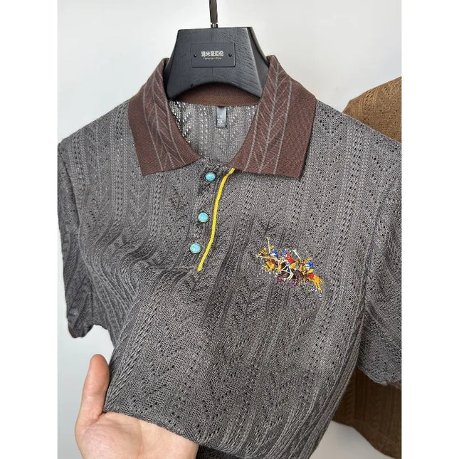 High end hollowed out jacquard knitted polo shirt brand embroidered men's summer short sleeved lapel t-shirt light luxury retro