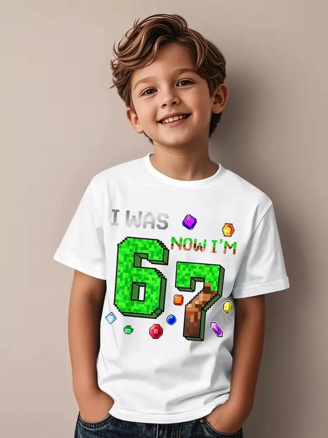 Summer Kids Short Sleeve Tops Children Cotton T-Shirt 'I WAS 6 NOW I'M 7' Birthday Print Casual Versatile Boys Streetwear Tshirt