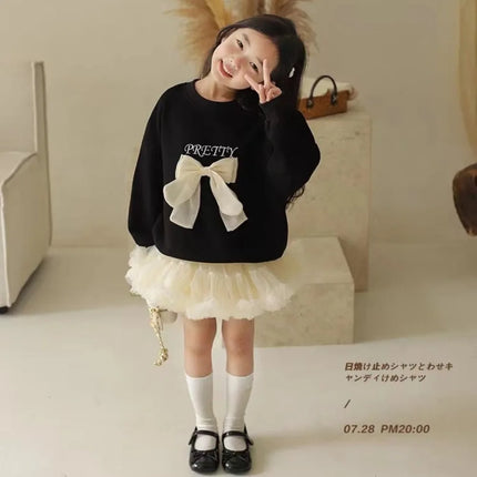 Bear Leader Spring and Autumn Fashion New Girls' Pullover Bow Black Long Sleeved Top Korean Version Children's Casual Wear