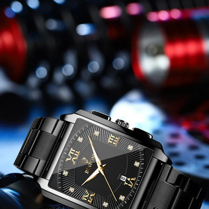 BINBOND Luxury Quartz Watch for Men Golden Square Large Dial 30M Waterproof Leather Strap Wrist Watches Date Display Men's Watch